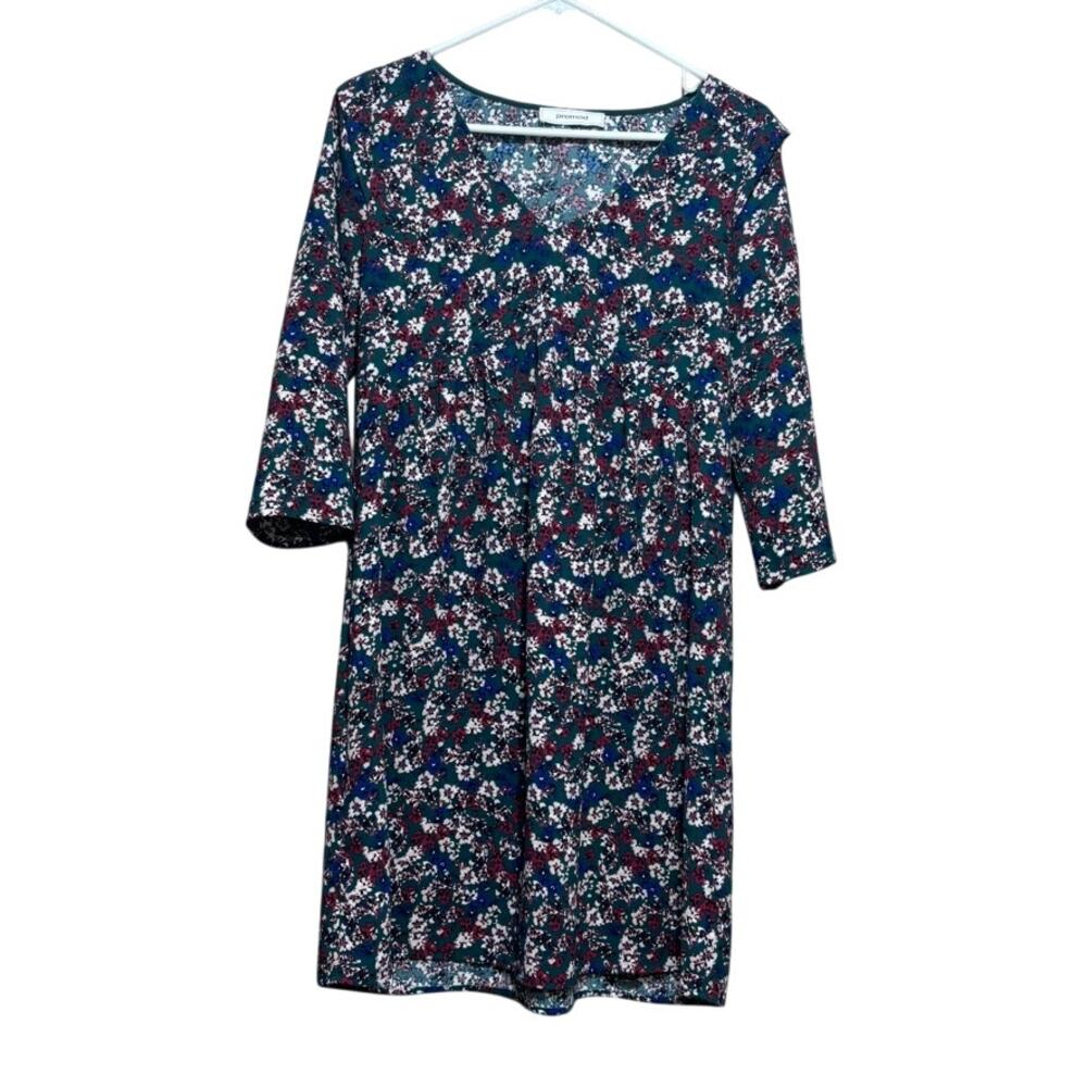 Promod Floral Mini Dress | Size 4 (US) | 3/4 Sleeve Teal Blue Multi Print